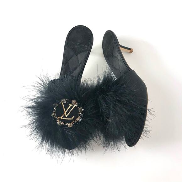 Louis Vuitton Shoes - NEW Louis Vuitton Marabou Crystal LV Marilyn Kitten Heel Mule Slip On Sandals 36